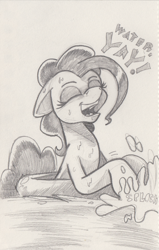 Size: 804x1266 | Tagged: safe, artist:saturdaymorningproj, character:pinkie pie, species:earth pony, species:pony, g4, dialogue, eyebrows, eyelashes, female, floppy ears, inflatable, inner tube, mare, monochrome, open mouth, pencil drawing, simple background, sketch, solo, splash, swimming, text, traditional art, water