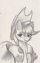 Size: 804x1266 | Tagged: safe, artist:saturdaymorningproj, character:applejack, species:earth pony, species:pony, g4, applebutt, applejack's hat, butt, clothing, cowboy hat, cutie mark, female, hat, looking back, mare, monochrome, pencil drawing, rear view, sketch, smiling, solo, stetson, traditional art