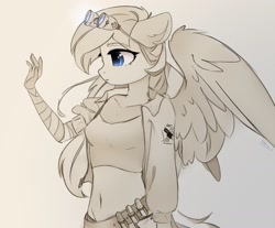 Size: 2000x1653 | Tagged: safe, artist:reterica, oc, oc only, species:anthro, species:pegasus, g4, anthro oc, belly button, belt, clothing, female, floppy ears, goggles, jacket, limited palette, mare, midriff, pegasus oc, profile, signature, simple background, solo, spread wings, wings