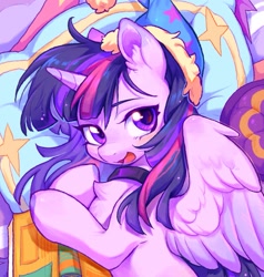 Size: 1195x1255 | Tagged: safe, artist:universe5052, character:twilight sparkle, character:twilight sparkle (alicorn), species:alicorn, species:pony, g4, bed, book, clothing, colored eyebrows, cute, eyebrows, female, hat, looking at you, mare, open mouth, pillow, sleeping cap, solo, spread wings, twiabetes, wing fluff, wings