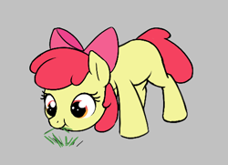 Size: 472x341 | Tagged: safe, artist:wenni, character:apple bloom, species:earth pony, species:pony, g4, adorabloom, apple bloom's bow, apple family member, bow, cute, female, filly, foal, grass, gray background, grazing, hair bow, herbivore, horses doing horse things, simple background, solo, three quarter view, young