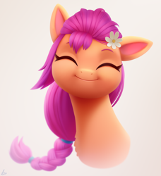 Size: 1804x1980 | Tagged: safe, artist:luminousdazzle, character:sunny starscout, species:earth pony, species:pony, g5, my little pony: a new generation, braid, braided ponytail, bust, colored eyebrows, cute, eyebrows, female, flower, flower in hair, front view, full face view, happy, mare, portrait, semi-realistic, signature, simple background, smiling, solo, sunnybetes, weapons-grade cute