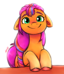 Size: 1898x2214 | Tagged: safe, artist:buttersprinkle, character:sunny starscout, species:earth pony, species:pony, g5, colored eyebrows, colored hooves, cute, eyebrows, female, floppy ears, hooves, looking at you, mare, multicolored hair, signature, simple background, smiling, smiling at you, solo, sunnybetes, unshorn fetlocks, white background