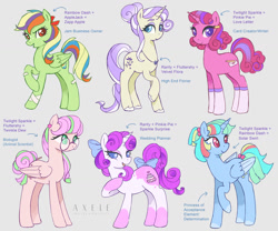 Size: 1280x1067 | Tagged: safe, artist:axeleart, character:applejack, character:fluttershy, character:pinkie pie, character:rainbow dash, character:rarity, character:twilight sparkle, oc, species:alicorn, species:pegasus, species:pony, species:unicorn, g4, bow, clothing, coat markings, cute, fusion, glasses, gray background, hair bow, looking at you, mane six, princess twilight, raised hoof, simple background, socks, tail bow, text, three quarter view