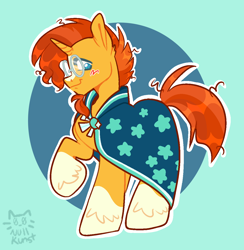 Size: 1192x1219 | Tagged: safe, artist:nullkunst, character:sunburst, species:pony, species:unicorn, g4, abstract background, cute, glasses, looking at you, male, profile, raised hoof, signature, simple background, solo, stallion, sunburst's robe