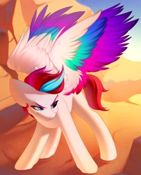 Size: 2500x3100 | Tagged: safe, artist:anniekayse, character:zipp storm, species:pegasus, species:pony, g5, colored eyebrows, colored wings, cool, dynamic pose, eyebrows, female, g5 to g4, high res, looking sideways, mare, multicolored wings, solo, spread wings, wings