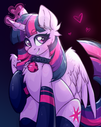 Size: 1447x1811 | Tagged: safe, artist:rico_chan, character:twilight sparkle, character:twilight sparkle (alicorn), species:alicorn, species:pony, g4, bell, bell collar, cat bell, clothing, collar, ear fluff, explicit source, eye clipping through hair, eyebrows, eyebrows visible through hair, female, floating heart, glowing, glowing horn, gradient background, grin, heart, heart eyes, horn, looking at you, magic, magic aura, mare, partially open wings, raised hoof, signature, sitting, sketch, smiling, smiling at you, socks, solo, stockings, thigh highs, three quarter view, wingding eyes, wings