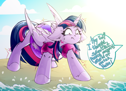 Size: 4128x2980 | Tagged: safe, artist:rico_chan, character:twilight sparkle, character:twilight sparkle (alicorn), species:alicorn, species:pony, g4, :t, adorable distress, beach, cute, dialogue, explicit source, female, floppy ears, hydrophobia, inflatable, inner tube, mare, offscreen character, outdoors, scared, shrunken pupils, sketch, solo, speech bubble, sweat, sweatdrops, text, trembling, twiabetes, water, water wings