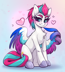 Size: 1756x1922 | Tagged: safe, artist:rico_chan, character:zipp storm, species:pegasus, species:pony, g5, adorazipp, blushing, chest fluff, colored eyebrows, colored hooves, colored wings, cute, explicit source, eyebrows, female, gradient background, heart, hooves, looking at you, mare, multicolored wings, shadow, sitting, sketch, smiling, smiling at you, solo, spread wings, wing hands, wings
