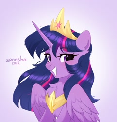 Size: 1971x2048 | Tagged: safe, artist:spoosha, character:twilight sparkle, character:twilight sparkle (alicorn), species:alicorn, species:pony, g4, crown, cute, eyebrows, eyebrows visible through hair, eyelashes, female, grin, horn, jewelry, looking at you, looking sideways at you, mare, necklace, peytral, regalia, simple background, smiling, solo, twiabetes, wings