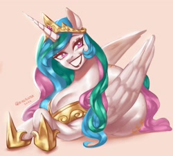 Size: 2754x2480 | Tagged: safe, artist:nire, character:princess celestia, species:alicorn, species:pony, g4, clothing, crown, female, folded wings, hoof shoes, horn, jewelry, lipstick, looking at you, makeup, mane, mare, necklace, peytral, regalia, shoes, simple background, sitting, smiling, solo, tail, wings