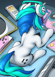 Size: 955x1351 | Tagged: safe, artist:mysticalpha, character:dj pon-3, character:vinyl scratch, species:pony, species:unicorn, g4, cutie mark, female, from above, headphones, magazine, mare, reading, record, sitting, solo, tail