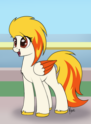 Size: 1254x1707 | Tagged: safe, artist:ponynamedmixtape, derpibooru original, species:pegasus, species:pony, g4, g5, my little pony: tell your tale, chest fluff, colored hooves, colored wings, cute, eye clipping through hair, female, flare (g5), g5 to g4, generation leap, hooves, mare, multicolored wings, open mouth, open smile, signature, smiling, solo, three quarter view, two toned wings, unshorn fetlocks, wings