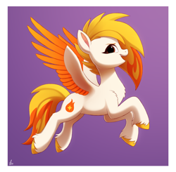 Size: 2000x1956 | Tagged: safe, artist:luminousdazzle, derpibooru original, character:flare (g5), species:pegasus, species:pony, g5, my little pony: tell your tale, background pony, chest fluff, colored hooves, colored wings, cutie mark, female, flying, full body, hooves, leg fluff, looking at you, mare, multicolored hair, multicolored wings, open mouth, open smile, profile, purple background, signature, simple background, smiling, smiling at you, solo, spread wings, two toned wings, unshorn fetlocks, wings