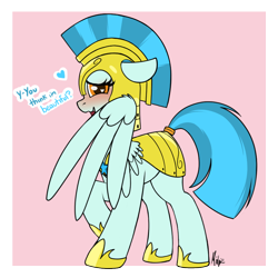 Size: 900x900 | Tagged: safe, artist:ponynamedmixtape, derpibooru original, character:guardian angel, species:pegasus, species:pony, g4, armor, bashful, blushing, cute, dialogue, female, floppy ears, guard, guardian angel (character), guardsmare, heart, heart eyes, helmet, hiding behind wing, looking at you, mare, open mouth, open smile, pink background, profile, royal guard, royal guard armor, signature, simple background, smiling, solo, text, transparent background, wing fluff, wingding eyes, wings