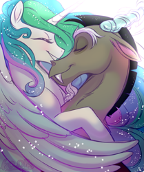 Size: 1337x1600 | Tagged: safe, artist:frowoppy, character:discord, character:princess celestia, species:alicorn, species:draconequus, species:pony, ship:dislestia, g4, duo, duo male and female, eyebrows, eyes closed, fanart, female, grin, love, male, mare, partially open wings, profile, redraw, shipping, smiling, sparkles, straight, wings