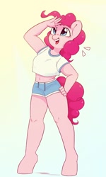 Size: 636x1062 | Tagged: safe, artist:melodylibris, character:pinkie pie, species:anthro, species:earth pony, species:unguligrade anthro, g4, belly button, clothing, emanata, female, gradient background, hand, hand on hip, happy, hips, looking up, mare, midriff, open mouth, open smile, shorts, simple background, smiling, solo, tank top, three quarter view