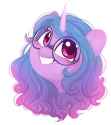 Size: 886x995 | Tagged: safe, alternate version, artist:melodylibris, part of a set, character:izzy moonbow, species:pony, species:unicorn, g5, bust, cute, glasses, gradient hair, izzybetes, looking up, multicolored hair, portrait, simple background, smiling, solo, white background
