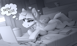 Size: 2340x1405 | Tagged: safe, artist:yakovlev-vad, character:twilight sparkle, character:twilight sparkle (alicorn), species:alicorn, species:pony, g4, bed, bedroom eyes, computer, earbuds, eyebrows, eyebrows visible through hair, female, heart, laptop computer, lying down, mare, monochrome, on bed, pillow, prone, shipper on deck, smiling, smirk, solo, thought bubble, three quarter view