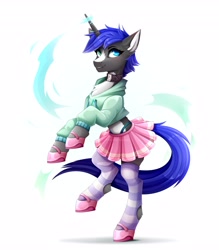 Size: 3584x4096 | Tagged: safe, artist:bubuvany, artist:buvanybu, oc, oc only, species:pony, species:unicorn, g4, bipedal, clothing, collar, commission, female, heterochromia, high res, hoodie, horn, looking at you, magic, mare, shoes, simple background, skirt, smiling, socks, solo, striped socks, thigh highs, three quarter view, unicorn oc, white background