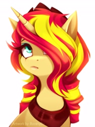 Size: 3072x4096 | Tagged: safe, artist:bubuvany, artist:buvanybu, character:sunset shimmer, species:pony, species:unicorn, g4, my little pony:equestria girls, bust, crown, eyebrows, female, hair over one eye, jewelry, looking up, mare, necklace, peytral, regalia, simple background, solo, white background