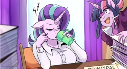 Size: 1654x909 | Tagged: safe, artist:traupa, character:starlight glimmer, character:twilight sparkle, species:anthro, species:pony, species:unicorn, g4, breasts, busty starlight glimmer, coffee mug, drink, eye clipping through hair, female, mare, mug, one eye closed, open mouth, paperwork, starlight glimmer is not amused, unamused