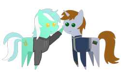 Size: 10000x6000 | Tagged: safe, artist:freestadiumtix, character:lyra heartstrings, oc, oc:littlepip, species:pony, species:unicorn, fallout equestria, g4, boop, clothing, crossover, cute, dig the swell hoodie, duo, fallout, female, female duo, hoodie, horn, jumpsuit, lyrabetes, mare, pipbuck, pointy ponies, simple background, transparent background, unicorn oc, vault suit