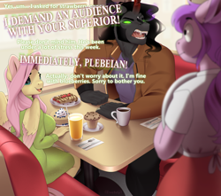 Size: 1016x900 | Tagged: safe, artist:evehly, character:fluttershy, character:king sombra, oc, species:anthro, species:pegasus, species:umbrum, species:unicorn, ship:sombrashy, g4, alternate hairstyle, angry, anthro oc, big breasts, breakfast, breasts, busty fluttershy, clothing, coat, coffee, coffee mug, colored wings, commission, crepe, cute, dialogue, diner, disproportionate retribution, drink, fangs, female, food, fork, glowing eyes, i'm a big fan of the bad guys, karen, karen sombra, knife, male, mare, muffin, mug, multicolored wings, napkin, open mouth, pancakes, plebeian, rage, sexy, sharp teeth, shipping, shirt, shyabetes, skirt, sombra eyes, stallion, straight, sweater, sweater dress, sweater puppies, sweatershy, table, teeth, text, this will end in tears, turtleneck, two toned wings, waitress, weapon, wings
