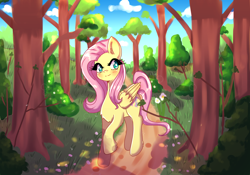 Size: 3000x2100 | Tagged: safe, artist:midoriya_shouto, character:fluttershy, species:pegasus, species:pony, g4, background, cute, solo, woods