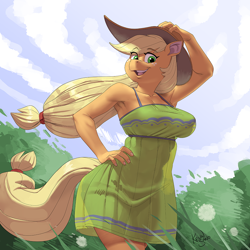 Size: 900x900 | Tagged: safe, artist:kevinsano, part of a set, character:applejack, species:anthro, species:earth pony, species:pony, g4, applejack's hat, applejacked, armpits, big breasts, breasts, busty applejack, clothing, cloud, cowboy hat, cute, dandelion, day, dress, explicit source, eyebrows, eyebrows visible through hair, female, freckles, grass, green dress, hand, hand on head, hand on hip, hat, hips, jackabetes, looking at you, mare, muscles, muscular female, open mouth, outdoors, ponytail, see-through, short dress, sky, sleeveless, smiling, solo, stetson, sundress, tail, translucent, wind, windswept mane
