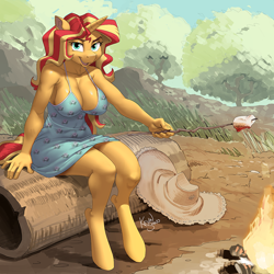 Size: 900x900 | Tagged: safe, artist:kevinsano, part of a set, character:sunset shimmer, species:anthro, species:pony, species:unguligrade anthro, species:unicorn, g4, my little pony:equestria girls, breasts, busty sunset shimmer, cleavage, clothing, dress, explicit source, eyebrows, eyelashes, female, fire, food, hat, horn, log, looking at you, mare, marshmallow, open mouth, outdoors, roasting, sitting, solo, stupid sexy sunset shimmer, sundress