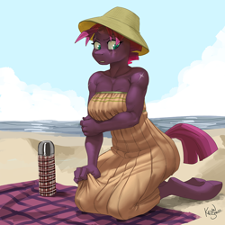 Size: 900x900 | Tagged: safe, artist:kevinsano, part of a set, character:tempest shadow, species:anthro, species:pony, species:unguligrade anthro, species:unicorn, g4, arm under breasts, beach, blanket, blushing, broken horn, clothing, cloud, cute, day, dress, explicit source, eyebrows, female, hat, horn, kneeling, looking sideways, mare, muscles, muscular female, nervous, outdoors, scar, sky, solo, sundress, tail, tempestbetes, thermos, underhoof