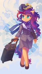 Size: 2351x4096 | Tagged: safe, artist:saxopi, character:sunny starscout, species:earth pony, species:pony, g5, abstract background, bag, clothing, cute, eyebrows, eyelashes, female, flower, flower in hair, hat, hoof hold, hoof shoes, luggage, mare, pan am, rose, scarf, semi-anthro, shirt, shoes, skirt, smiling, solo, stewardess, sunnybetes, underhoof