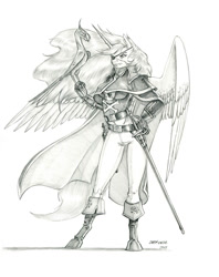 Size: 1100x1387 | Tagged: safe, artist:baron engel, character:philomena, character:princess celestia, species:alicorn, species:anthro, species:bird, species:phoenix, species:pony, species:unguligrade anthro, g4, belt, black and white, cape, clothing, eyepatch, facial scar, female, grayscale, hoof boots, horn, mare, monochrome, pants, pencil drawing, pirate, scar, simple background, solo, spread wings, sword, traditional art, weapon, white background, wings