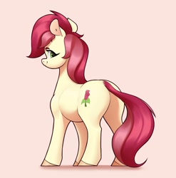 Size: 2926x2962 | Tagged: safe, artist:aquaticvibes, character:roseluck, species:earth pony, species:pony, g4, butt, cute, cuteluck, cutie mark, eyebrows, eyelashes, female, looking at you, looking back, looking back at you, mare, rosebutt, simple background, smiling, solo, tail