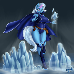 Size: 1800x1800 | Tagged: safe, alternate version, artist:brushstroke, character:trixie, species:anthro, species:pony, species:unguligrade anthro, species:unicorn, g4, belt, big breasts, breasts, busty trixie, cape, clothing, explicit source, eyebrows, female, frown, glowing horn, high-cut clothing, horn, ice, leotard, mage, magic, mare, pinup, pointing at you, socks, solo, tail