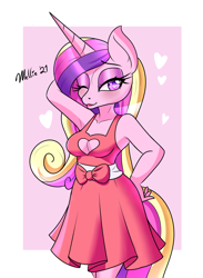 Size: 950x1300 | Tagged: safe, artist:melliedraws, character:princess cadance, species:alicorn, species:anthro, g4, abstract background, breasts, cleavage, clothing, colored pupils, dress, eyebrows, female, heart, looking at you, mare, one eye closed, pink background, signature, simple background, solo, white background, wink, winking at you