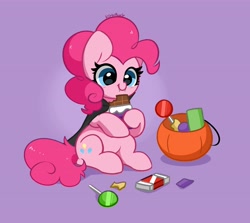 Size: 4096x3649 | Tagged: safe, artist:kittyrosie, character:pinkie pie, species:earth pony, species:pony, g4, candy, chocolate, cute, cute little fangs, cutie mark, diapinkes, eyelashes, fangs, female, food, halloween, holiday, mare, pumpkin bucket, sharp teeth, simple background, sitting, smiling, solo, tail, vampire