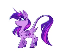 Size: 1200x1077 | Tagged: safe, artist:probablyfakeblonde, character:twilight sparkle, character:twilight sparkle (alicorn), species:alicorn, species:classical unicorn, species:pony, g4, cloven hooves, cutie mark, eyelashes, feathered fetlocks, female, folded wings, horn, leonine tail, looking up, mare, smiling, solo, tail, unshorn fetlocks, wings
