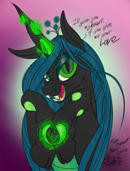 Size: 914x1200 | Tagged: safe, alternate version, artist:sepiakeys, character:queen chrysalis, species:changeling, g4, changeling queen, cloven hooves, crown, dialogue, fangs, female, glowing horn, gradient background, hooves, hooves to the chest, hooves together, horn, jewelry, looking at you, magic, open mouth, regalia, sharp teeth, simple background, slit eyes, solo, text, wip