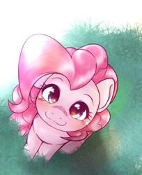 Size: 836x1024 | Tagged: safe, artist:kurogewapony, character:pinkie pie, g4, :3, blushing, cute, diapinkes, eye shine, grass, lens flare, looking at you, smiling