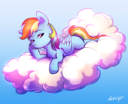 Size: 2140x1740 | Tagged: safe, artist:buttersprinkle, character:rainbow dash, species:pegasus, species:pony, g4, blue background, bored, cloud, colored, colored sketch, eyebrows, female, gradient background, looking at you, lying down, mare, missing cutie mark, on a cloud, prone, signature, simple background, sketch, sky, solo, solo female, three quarter view