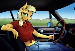 Size: 3401x2323 | Tagged: safe, artist:apocheck13, character:applejack, species:anthro, species:earth pony, species:pony, g4, car, clothing, complex background, driving, explicit source, eyebrows, eyelashes, female, front knot midriff, jeans, looking sideways at you, mare, midriff, pants, solo, steering wheel