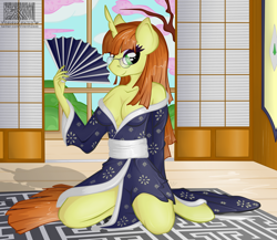 Size: 1250x1083 | Tagged: safe, artist:virenth, oc, oc only, oc:hime cut, species:anthro, species:unguligrade anthro, species:unicorn, g4, absolute cleavage, anthro oc, breasts, cleavage, clothing, explicit source, female, glasses, kimono (clothing), kneeling, looking at you, mare, off shoulder, solo, three quarter view, unicorn oc