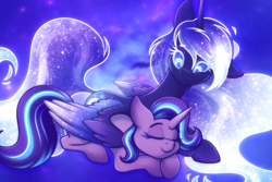 Size: 3000x2000 | Tagged: safe, artist:shad0w-galaxy, character:princess luna, character:starlight glimmer, species:alicorn, species:pony, ship:starluna, g4, alicornified, colored wings, cute, cutie mark, duo, duo female, ethereal mane, explicit source, eyebrows, eyelashes, eyes closed, eyestrain warning, female, females only, folded wings, galaxy mane, glimmerbetes, hug, lesbian, mare, multicolored eyes, multicolored wings, race swap, shipping, sleeping, smiling, starlicorn, winghug, wings