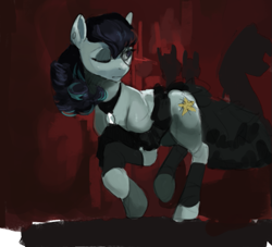 Size: 801x727 | Tagged: safe, artist:cadillacdynamite, character:coloratura, species:earth pony, species:pony, g4, abstract background, colored, colored sketch, cutie mark, female, looking back, mare, one eye closed, sketch, solo, trotting, wip