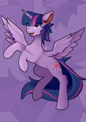 Size: 2480x3508 | Tagged: source needed, safe, artist:zpdea, character:twilight sparkle, character:twilight sparkle (alicorn), species:alicorn, species:pony, g4, eye clipping through hair, female, mare, open mouth, open smile, smiling, solo, spread wings, wings, zoom layer