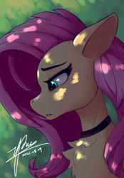Size: 822x1180 | Tagged: safe, alternate version, artist:zpdea, character:fluttershy, species:pegasus, species:pony, g4, bust, chest fluff, choker, chokershy, cute, jewelry, necklace, painting, portrait, sad, shyabetes, solo