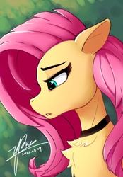 Size: 822x1180 | Tagged: safe, artist:zpdea, character:fluttershy, species:pegasus, species:pony, g4, bust, chest fluff, choker, chokershy, cute, jewelry, necklace, painting, portrait, sad, shyabetes, solo