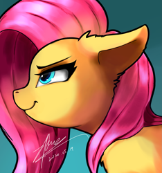 Size: 1921x2055 | Tagged: safe, artist:zpdea, character:fluttershy, species:pony, g4, assertive fluttershy, badass, bust, cute, determined, determined look, ear fluff, female, flutterbadass, mare, pixiv, portrait, profile, shyabetes, simple background, solo, teal background